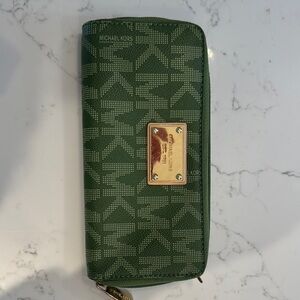 Michael Kors Forest Green Wallet with tan interior with Gold Accents